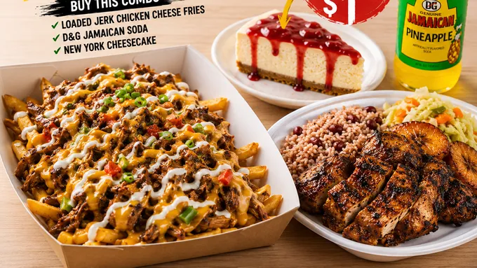 BOGO-Loaded Jerk Chicken Cheesy Fries Feast. Add any Jerk Chicken Lunch for $1